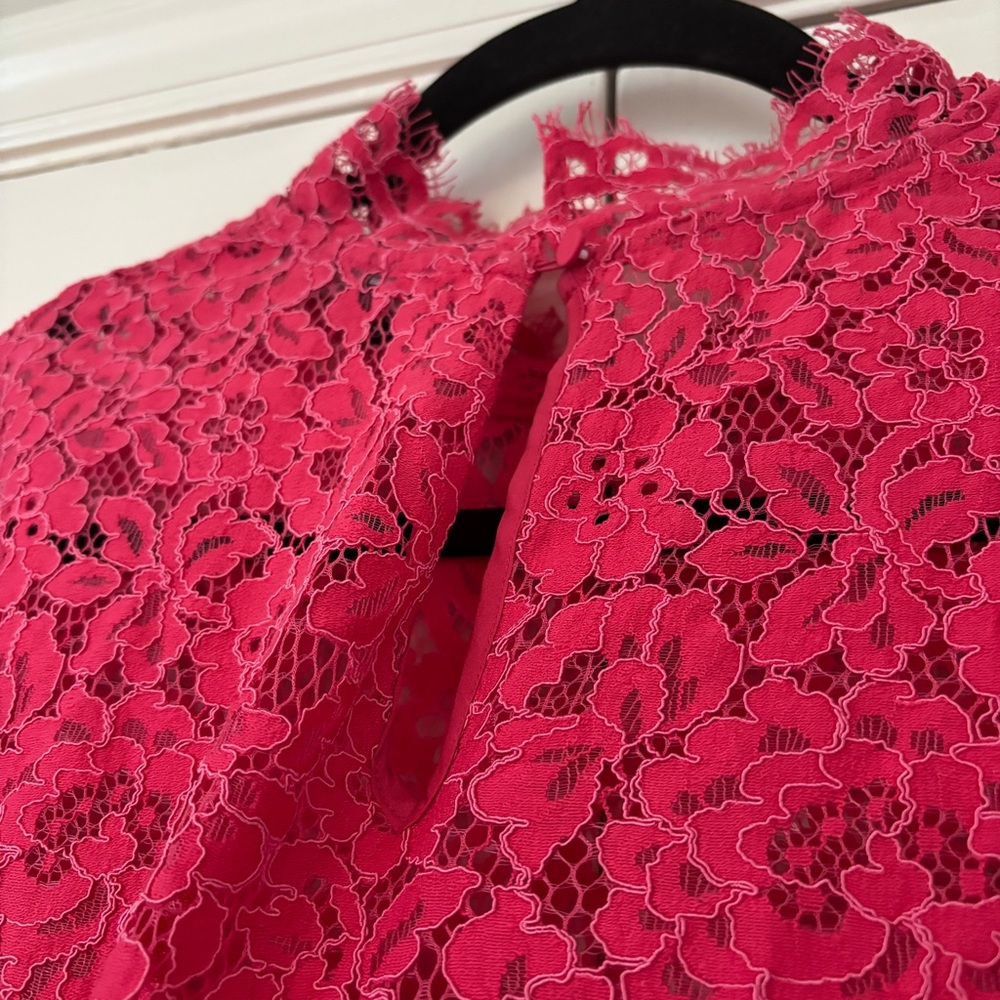 J. Crew Scalloped Lace Mockneck Top Vibrant Pink Lace Blouse Size 14‎ Sheer Glam - Picture 10 of 12